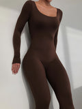 Women Fitness Sports Jumpsuit Solid Color Long Sleeve U Neck Bodycon Romper Sexy Long Playsuit Female Streetwear