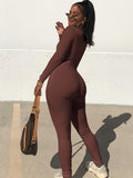 Women Fitness Sports Jumpsuit Solid Color Long Sleeve U Neck Bodycon Romper Sexy Long Playsuit Female Streetwear