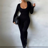 Women Fitness Sports Jumpsuit Solid Color Long Sleeve U Neck Bodycon Romper Sexy Long Playsuit Female Streetwear