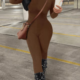Solid Skinny Crew Neck Jumpsuit , Casual Long Sleeve Jumpsuit, Suit For Spring & Fall, Women's Clothing