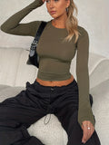 Solid Crew Neck T-Shirt, Casual Long Sleeve Top For Spring & Fall, Women's Clothing